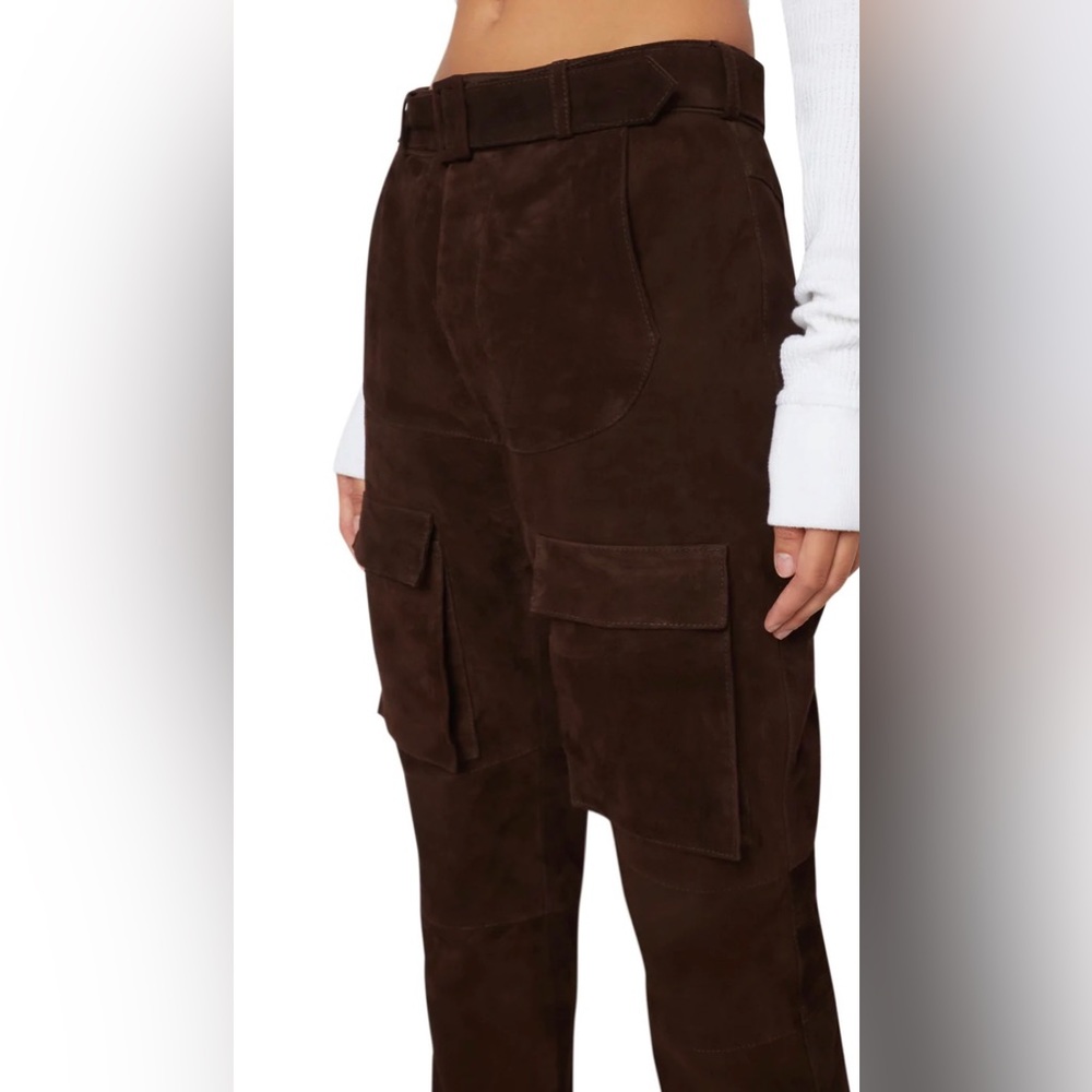 Belted Suede Cargo Pants in Brown by Danielle Guizio